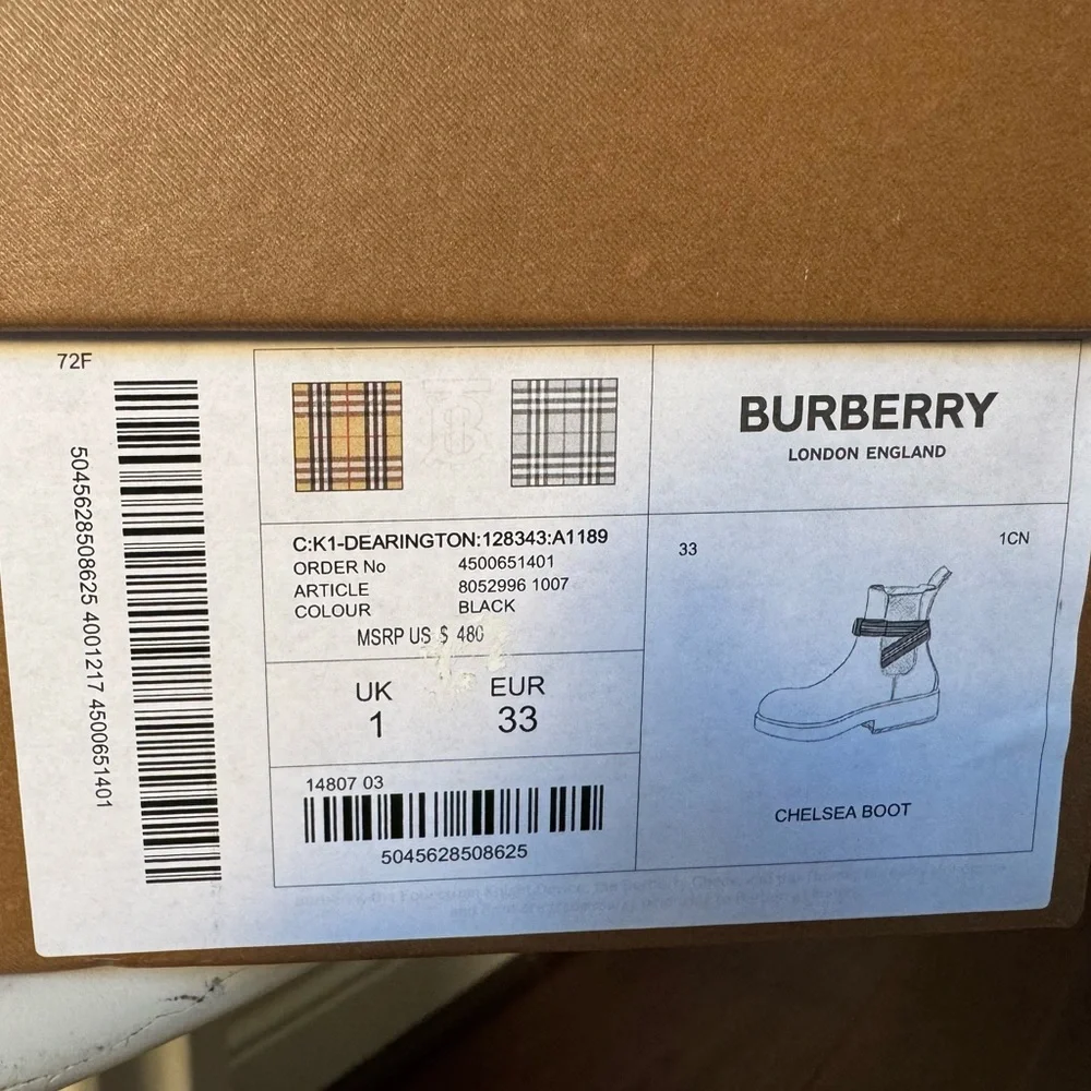 Burberry Kids Girls Chelsea Black Ankle Boots with Red Striped Bow